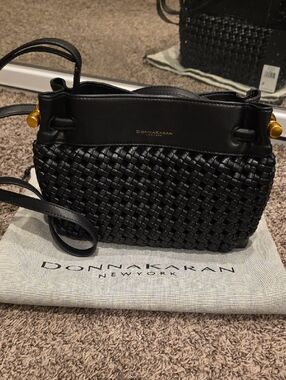 Donna Karan Black Woven Leather Crossbody with Gold Accents